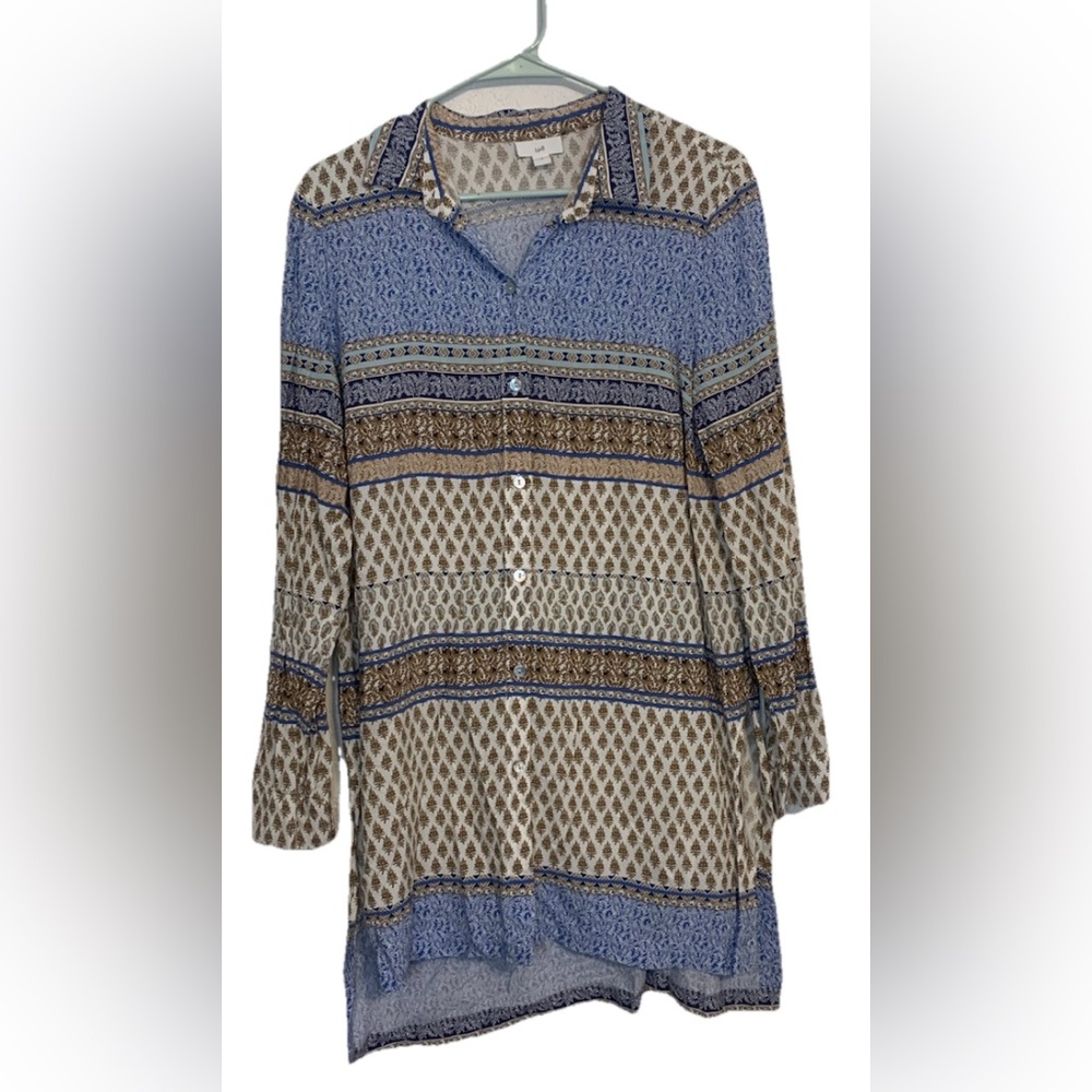 J.Jill Women's Size Small Tunic Top Blue Block Print Flowy Rayon Loose Fit